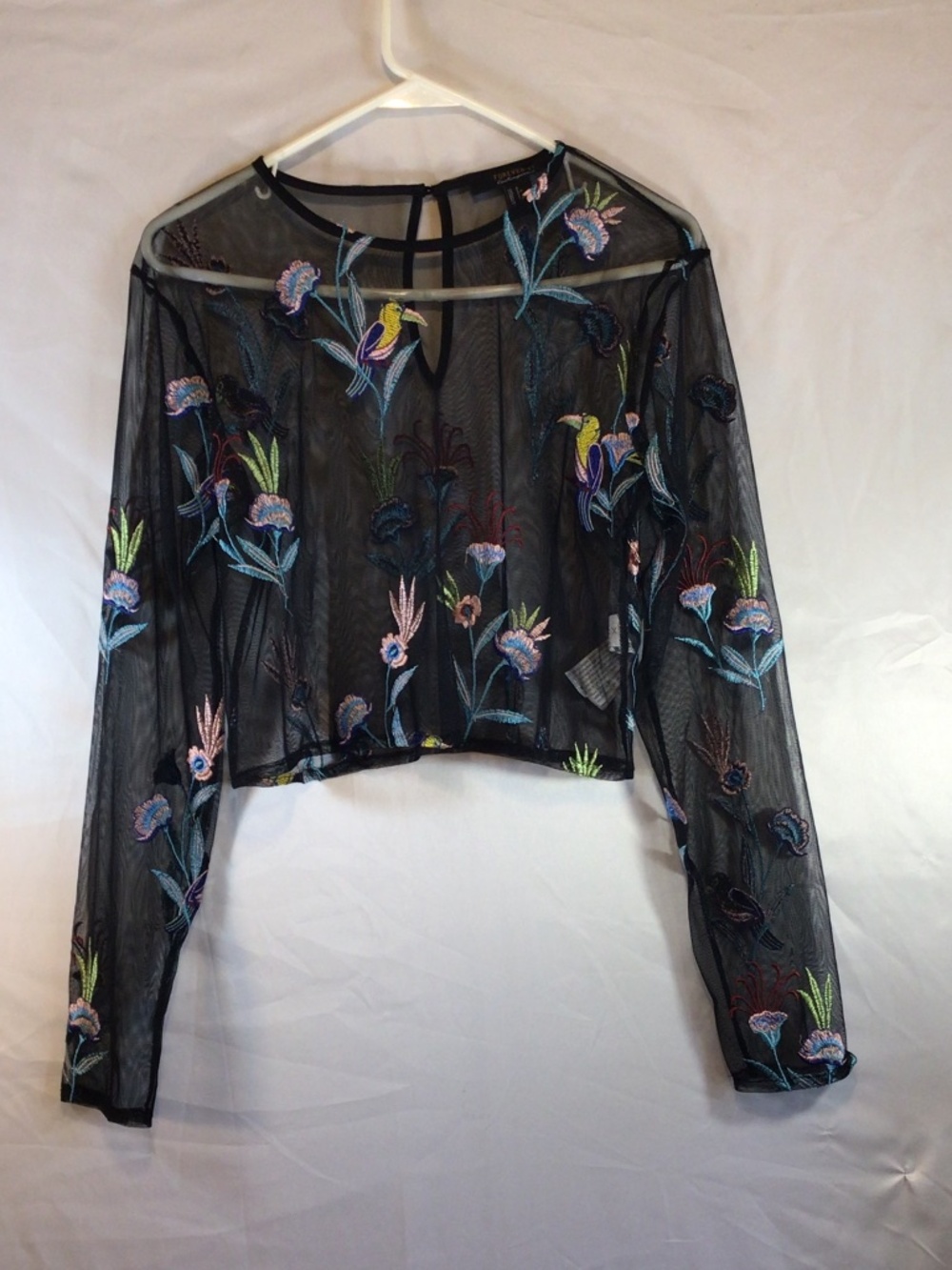 Forever 21 Sheer Embroidered Mesh Crop Top Small Whimsigoth Floral Bird Romantic